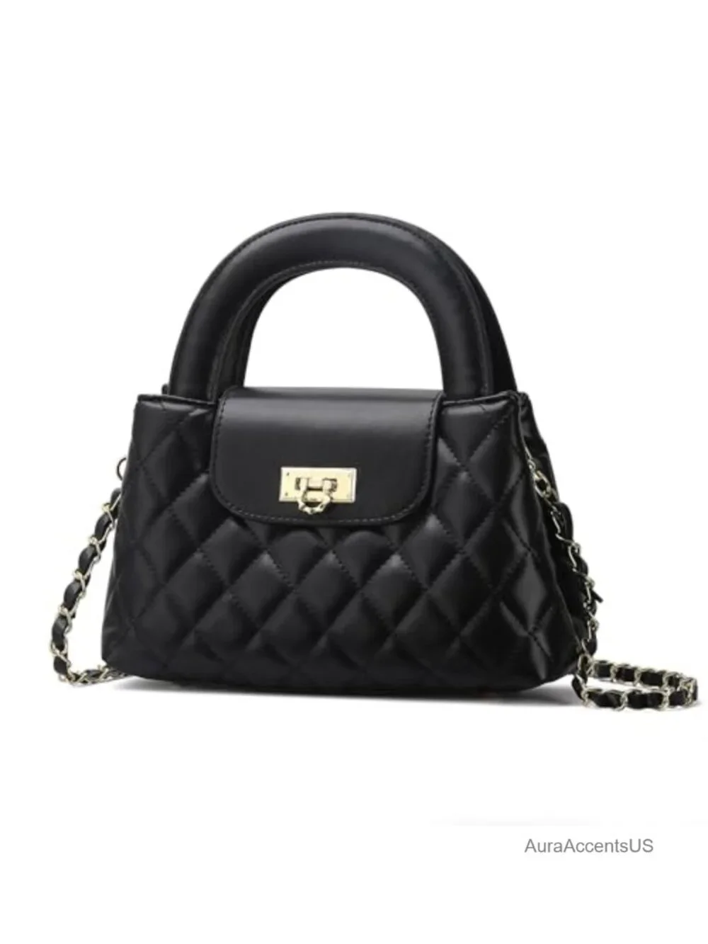 Faux Leather Quilted Crossbody Bag with Chain Strap, Mini Satchel